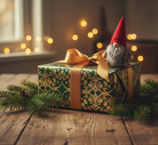 Schön verpacktes Wichtelgeschenk für einen Fußballfan auf einem Holztisch