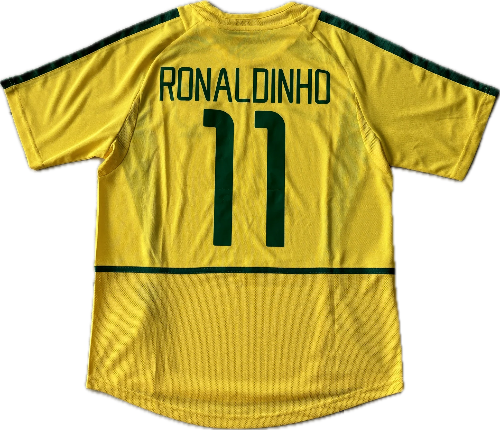 Rückansicht – Brasilien 2002 Heim – RONALDINHO 10 – Gelb/Grün (Retro)