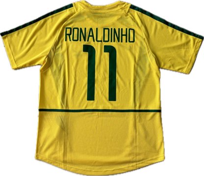 Rückansicht – Brasilien 2002 Heim – RONALDINHO 10 – Gelb/Grün (Retro)