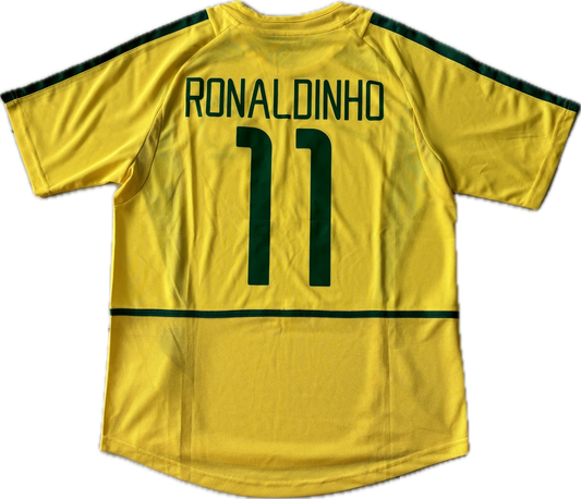 Rückansicht – Brasilien 2002 Heim – RONALDINHO 10 – Gelb/Grün (Retro)