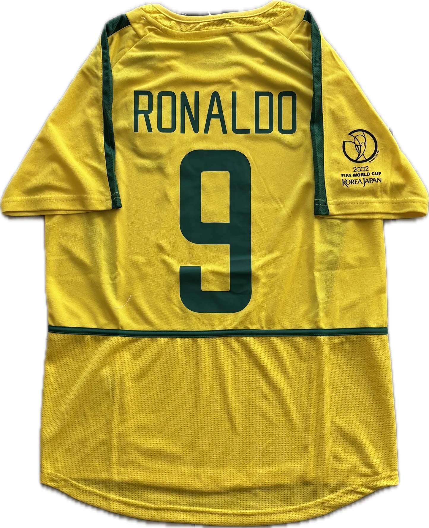 Rückansicht – Brasilien 2002 Heim – RONALDO 9 (R9) – Gelb/Grün – Retro