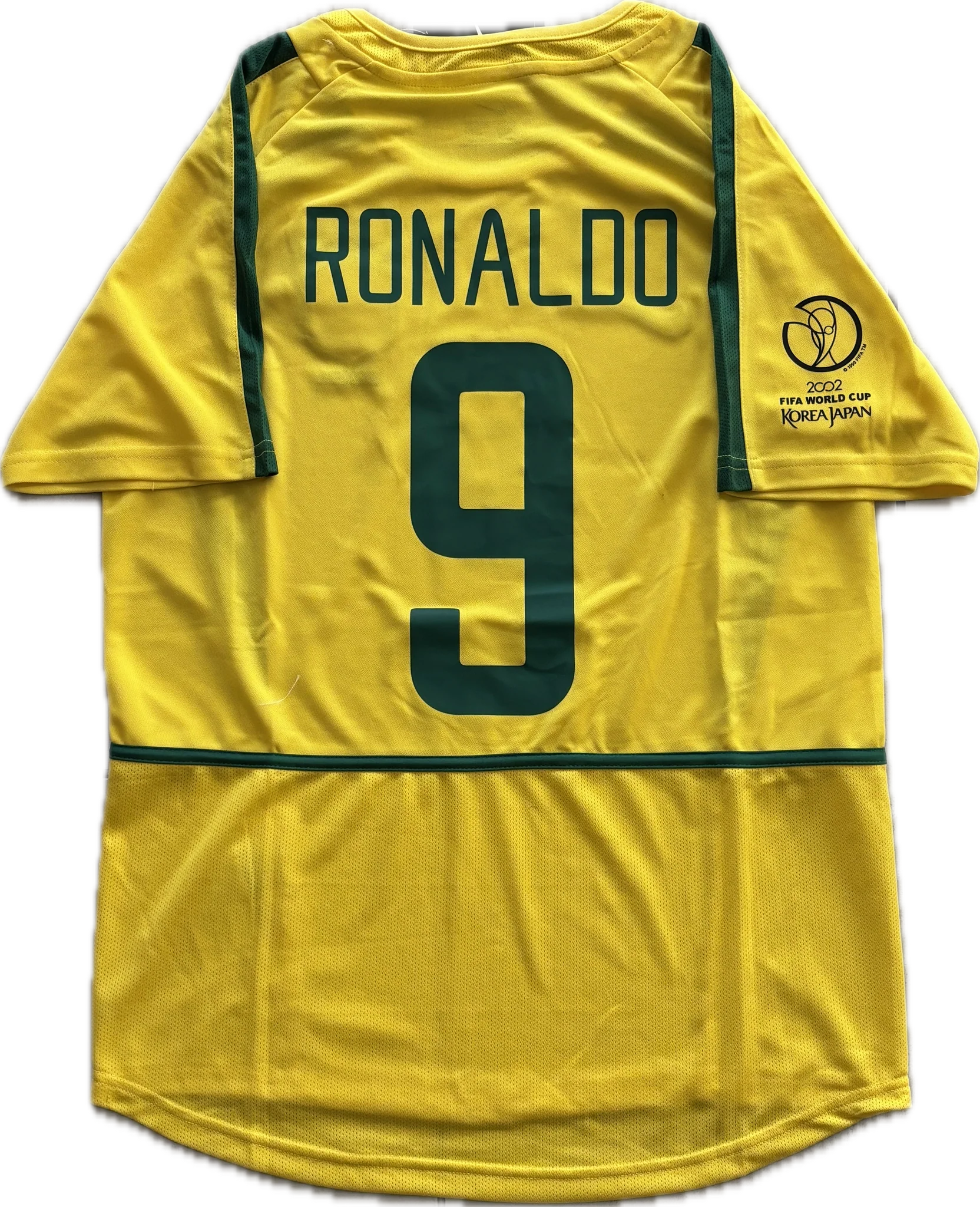 Rückansicht – Brasilien 2002 Heim – RONALDO 9 (R9) – Gelb/Grün – Retro