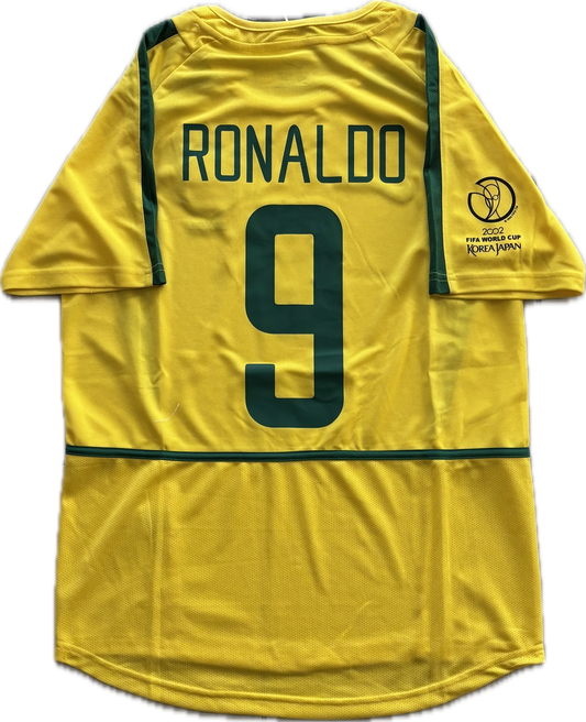 Rückansicht – Brasilien 2002 Heim – RONALDO 9 (R9) – Gelb/Grün – Retro